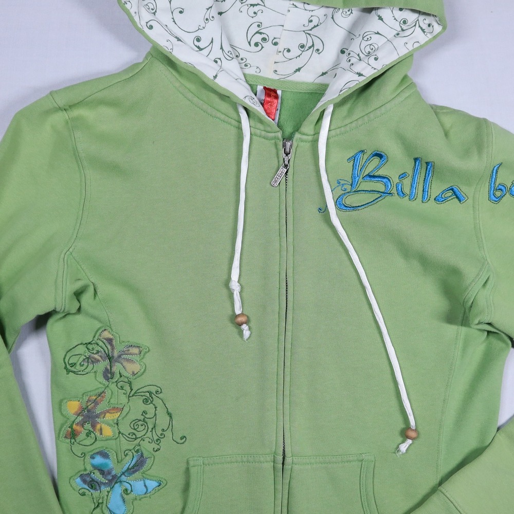 Y2K Billabong Hoodie Women L Green Butterfly Embroidered Zip Up Surf Skater - Picture 4 of 11